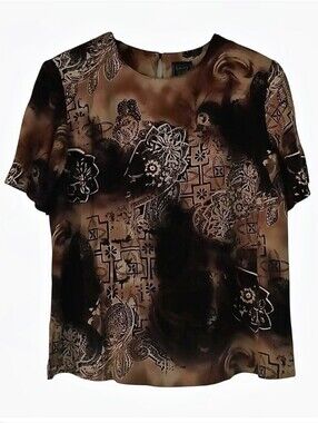 Laura Scott Size XL Top Black Beige Tan Floral Paisley Short Sleeves